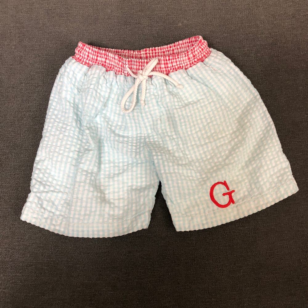 Seersucker red and blue g initial embroidered monogrammed swim trunks swimsuit